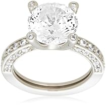 Platinum Overlay Sterling Silver "100 Facets Collection" Solitaire Cubic Zirconia Ring w/ Channel-Set Cubic Zirconia Accent