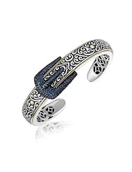 18K Yellow Gold and Sterling Silver Blue Sapphire Embellished Buckle Design Cuff