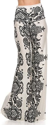 Women's Boho Print High Waisted Foldover Band Palazzo Pant Bottoms (S, Ivory/ Black 878)