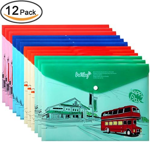 JX Hornet Premium Happy Bus Printed Letter/A4 Booklet Document File Envelope Folder Holder Organizer Bag ,With Snap Button,Soft Plastic Quality,Different Colors,Size 9"13" ,Pack of 12 Pcs