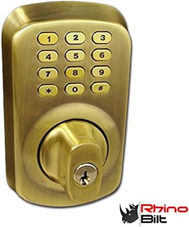 Heavy-Duty Electronic Keyless Deadbolt Door Lock in Antique Brass by Rhino Bilt, Compare to Schlage and Kwikset!