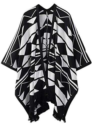 (アチックガール)Achicgirl レディース スタイリッシュ ジオ柄 オープンフロント 七分袖 タッセル裾 カジュアル ニット ルーズフィット セーター カーディガン