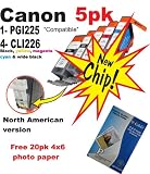 5pk Canon compatible CLI226 Y CLI226 M CLI226 C CLI226 BK & PGI225 BK ink cartridges with new chip and free 20pk 4x6 photo paper. For Pixma MG5120, Pixma MG5220, Pixma MG6120, Pixma MG8120, PIXMA MX882, Pixma iP4820, PIXMA ix6520.