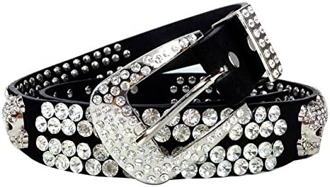 Fiveman Rhinestone Belts Women Fashion Leather Studded Skull Wide Belt Black