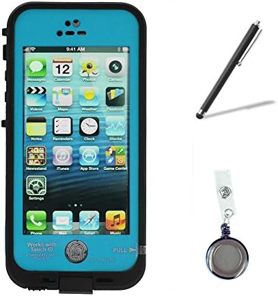 Newest Waterproof Shockproof Fingerprint Scanner Full Case Cover Bundle with Retractable Reels and Touch Pen for Apple Iphone 5 5S (Light Blue)