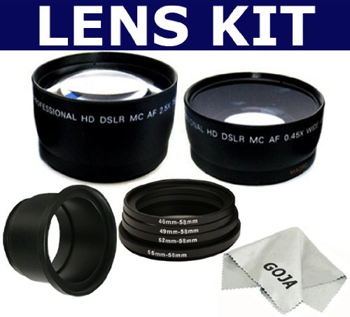 11 Pcs kit for Canon G10 G11, includes: 58MM 2.5X High Definition Telephoto + 0.45X Wide Angle + Rings Set(46, 49, 52 and 55mm)+ Tube Adapter + Caps + 2 Lens Pouches+ 1 Ultra Fine Microfiber Cleaning Cloth GOJA Logo