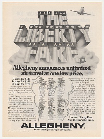 1975 Allegheny Airline Liberty Fare Unlimited Travel Print Ad