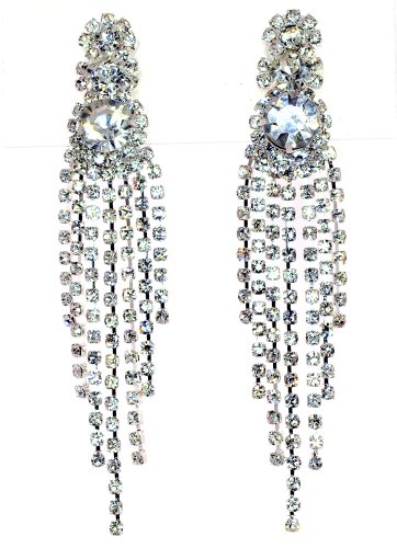 Glamour Seven Line Diamonite Dangle Duster Crystal-"CLIP ON" Earrings - Clear