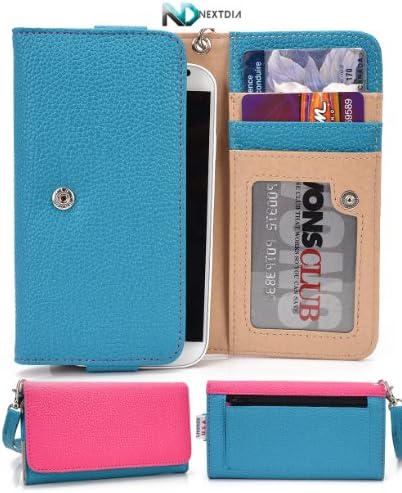 Smartphone Wallet Cover Case fits Alcatel One Touch Fire E Curious Blue Hot Pink with Hand Strap + ND Velcro Cable Tie