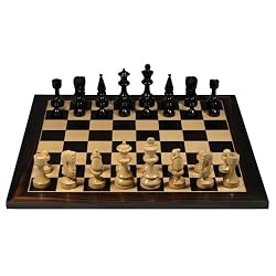 Russian Style Chess Set - 19" Black and Natural Wood Board, Weighted & Hand Polished Chess Pieces with 4" King