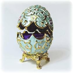 Swarovski Crystals 24K Gold Flowered Blue Faberge Style Egg Box w/ Ring Jewel...