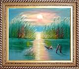 Beach Side Sunset over Reed Marshes Oil Painting, with Exquisite Dark Gold Wood Frame 26.5 x 30.5 inches