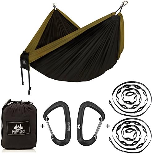 Castle Peak Outfitters XL Double Camping Hammock Swing With Straps And Premium Carabiners - Top Quality Parachute Nylon, Hanging Hammock For Sleeping, Bedroom, Yard, Outdoors (Carmel/Black Pkg)
