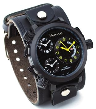 Nemesis #LHST080KY Men's Signature Collection Triple Time Zone Oversized Wide Leather Cuff Band Watch