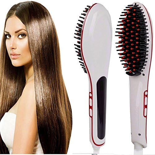 Wave Of Beauty LCD Hair Straightening Brush, LED Straightener Evenly Heated Professional Ceramic Iron Style Hairbrush, Detangles, Straightens and Massages in Just 30-60 Seconds. (White/Red+Red Tips)