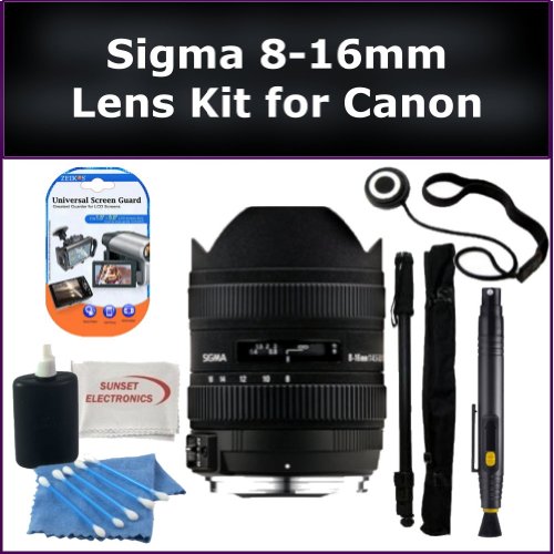 Sigma 8-16mm F4.5-5.6 DC HSM Ultra-Wide Zoom Lens Kit for Canon EOS Rebel T1i EOS 500D, T2i EOS 550D, T3 EOS 1100D, T3i EOS 600D Digital SLR Cameras. Also Includes: Lens, Lens Cap Keeper, Lens Cleaning Pen, Monopod, LCD SCreen Protectors, and Cleaning Kit with SSE Microfiber Cleaning Cloth