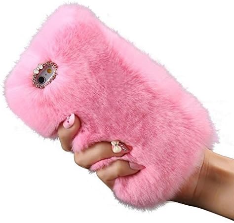 iPhone 6/6S Plus Rabbit Fur Hair Case - Handmade - Soft Warm Rabbit Hair with Butterfly Crystal Rhinestone (Pink)