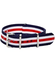 20mm Classic SS Nylon Striped Blue / Red / White - Easily Interchangeable Replacement Military Watch Band / Strap - Fits All Watches!!!