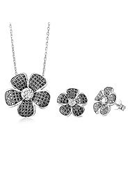 Sterling Silver Black Flower/Plumeria Pendant Necklace with Earrings Set