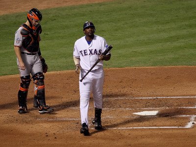 San Francisco Giants v Texas Rangers, Game 4: Vladimir Guerrero Photographic Poster Print by Stephen Dunn, 18x24
