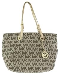 Michael Kors Signature / Monogram Jet Set Tote; Side Pockets - Beige / Ebony / Gold