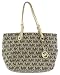 Michael Kors Signature / Monogram Jet Set Tote; Side Pockets - Beige / Ebony / Gold