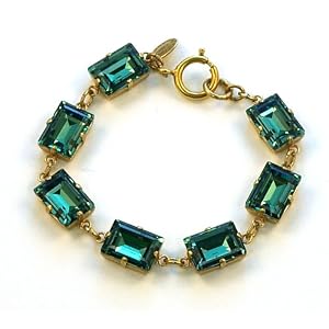 14k Gold 7.5 Link Bracelet with Emerald-Cut Rectangular Marine Colored... by