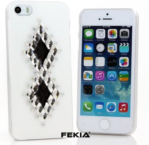 FEKIA® 3D Luxury Bling iphone 5 5s Case Cover Faceplate Swarovski AB Crystals Diamond Glitter Sparkle bedazzled jeweled Design Back Snap-on Hard Case (FREE stylus and water resistant retail bag) (100% Handcrafted by FEKIA) (White Glitter Background with Double Diamond Shape)
