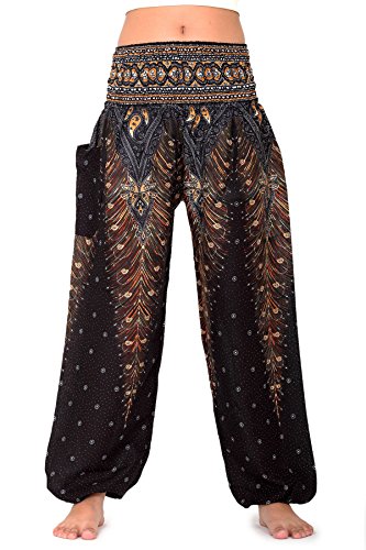 Bangkokpants Women's Yoga Pants Boho Peacock Design Luxury Black US Size 0-12