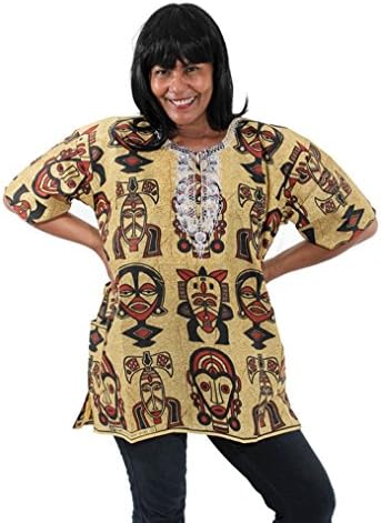 African Print Unisex Print Dashiki, Made in the Gambia, Many Colors, One Size (Tan Masks)