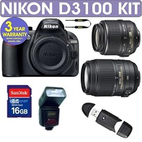 NIKON D3100 DIGITAL SLR CAMERA + NIKON 18-55mm VR LENS + NIKON 55-200mm DX LENS + 16GB MEMORY + D900 FLASH FOR NIKON + MEMORY CARD READER+ 3 YEAR CELLTIME WARRANTY