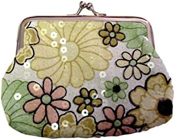 Lovely Small Retro Sequin Brown Multi Floral Print Kiss Lock Coin Purse