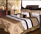 CLASSIC 7 PC BOLD STRIPE, PINTUCK AND FLORAL DESIGN BED IN A BAG, GOLD COLO ....