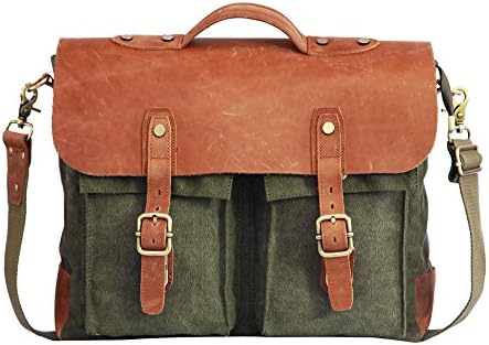 Mens Canvas Messenger Bag Laptop Bag,Mufish Genuine Crazy-horse Leather Shoulder Bag Briefcase Travel Duffle Canvas Briefcase,Fit 14" Laptop (ArmyGreen)