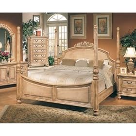 Antique White Finish Wood King Size Poster Bed