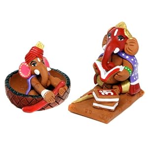 Set of Terra-cotta Small Script and Round Boat Ganesh Statue