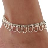 Rhinestone Drape Stretch Anklet Bracelet Austrian Crystal Silver Tone Ankle Clear