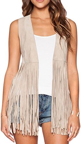 Jollypicks Women's Solid Color Stylish Open Front Tassel Vest Beige 2XL/US 10-12 bust:37.8"