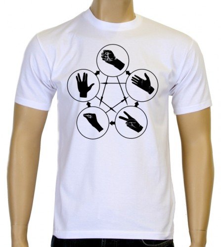 Coole-Fun-T-Shirts Herren T-Shirt Big Bang Theory - Stein Schere Papier Echse Spock, weiss Preisvergleich