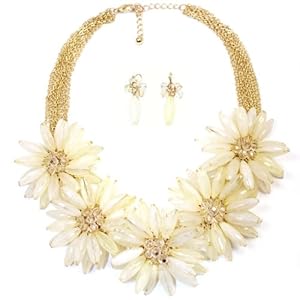 Hugssy Multi Strands Pendant Flowers Statement Necklace Earrings Set, White (IV)