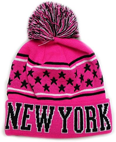 New York Thick Warm Cuffed Beanie Winter Hat Cap with Pom and Stars One Size Adult Neon Pink/Black