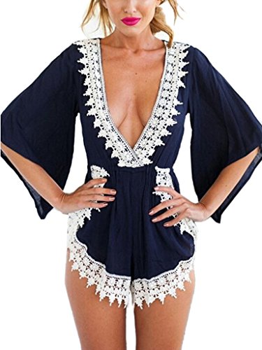 Choies Women's Navy Blue Deep V Neck Lace Embellished Casual Romper Playsuit jumpsuit for women M