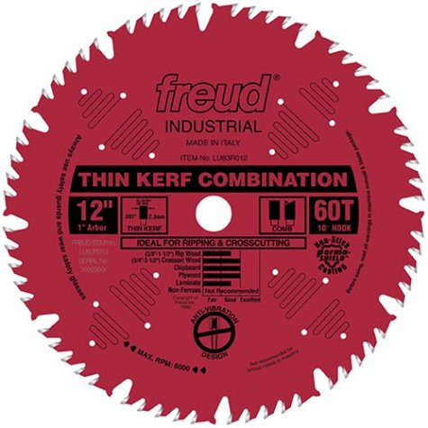 Freud LU83R012 12-Inch 60 Tooth ATB Thin Kerf Combination Saw Blade with 1-Inch Arbor and PermaShield Coating