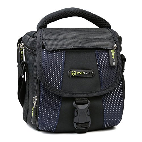 EveCase Camera Carrying Pouch Case with Strap- Black/Blue for Nikon Coolpix Series, Canon Powershot Series and Others Compact Camera with Power Zoom Lens and Micro 4/3 Interchangable Lens