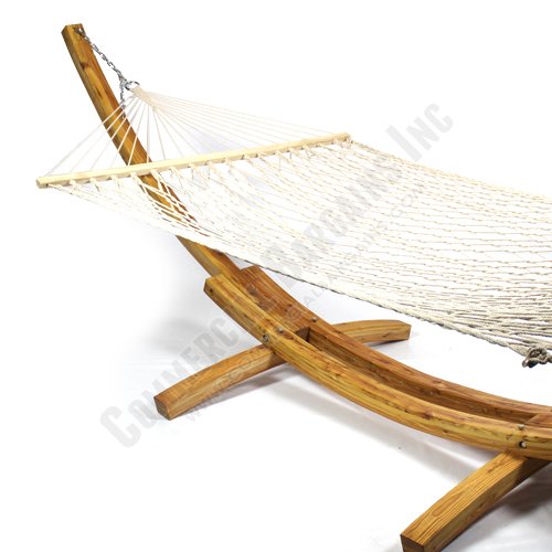 Wooden Hammock 2 Person Cotton Rope Curved Arc Larch Outdoor Stand Natural Look