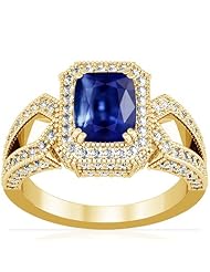 18K Yellow Gold Cushion Cut Blue Sapphire Ring With Sidestones (GIA Certificate)