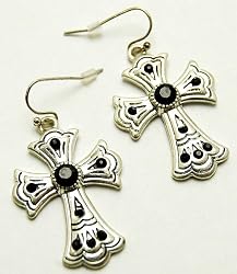 Roman Cross Black Crystal Studs Earrings Antique Silver Tone