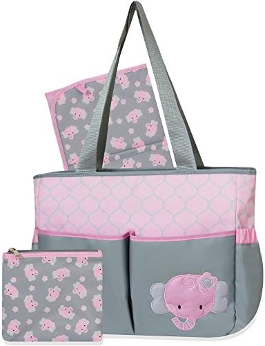 Tender Kisses Elephant 3-Piece Diaper Tote Bag Set. Has 5 external pockets, 4 interior pockets and Interior and changing pad easily wipe clean! Perfect For Travel With Baby!