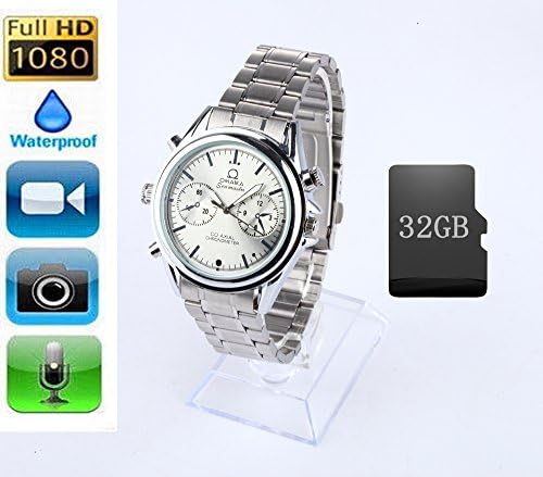 A0CHAN Multifunctional Fashion style 1080P HD Mini Hidden professional Waterproof Watch Camera Video Spy DVR Cam With 32G Memory SD Card Silver White Metal