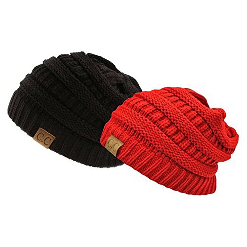 Trendy Warm Chunky Soft Stretch Cable Knit Slouchy Beanie Skully HAT20A (Black/Red)